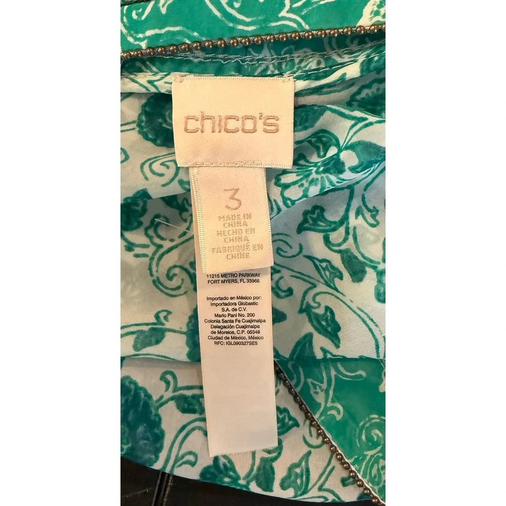 Chicos 3 US XL Tunic Top Green‎ Floral Sequin V Neck Bell Sleeve Blouse Boho